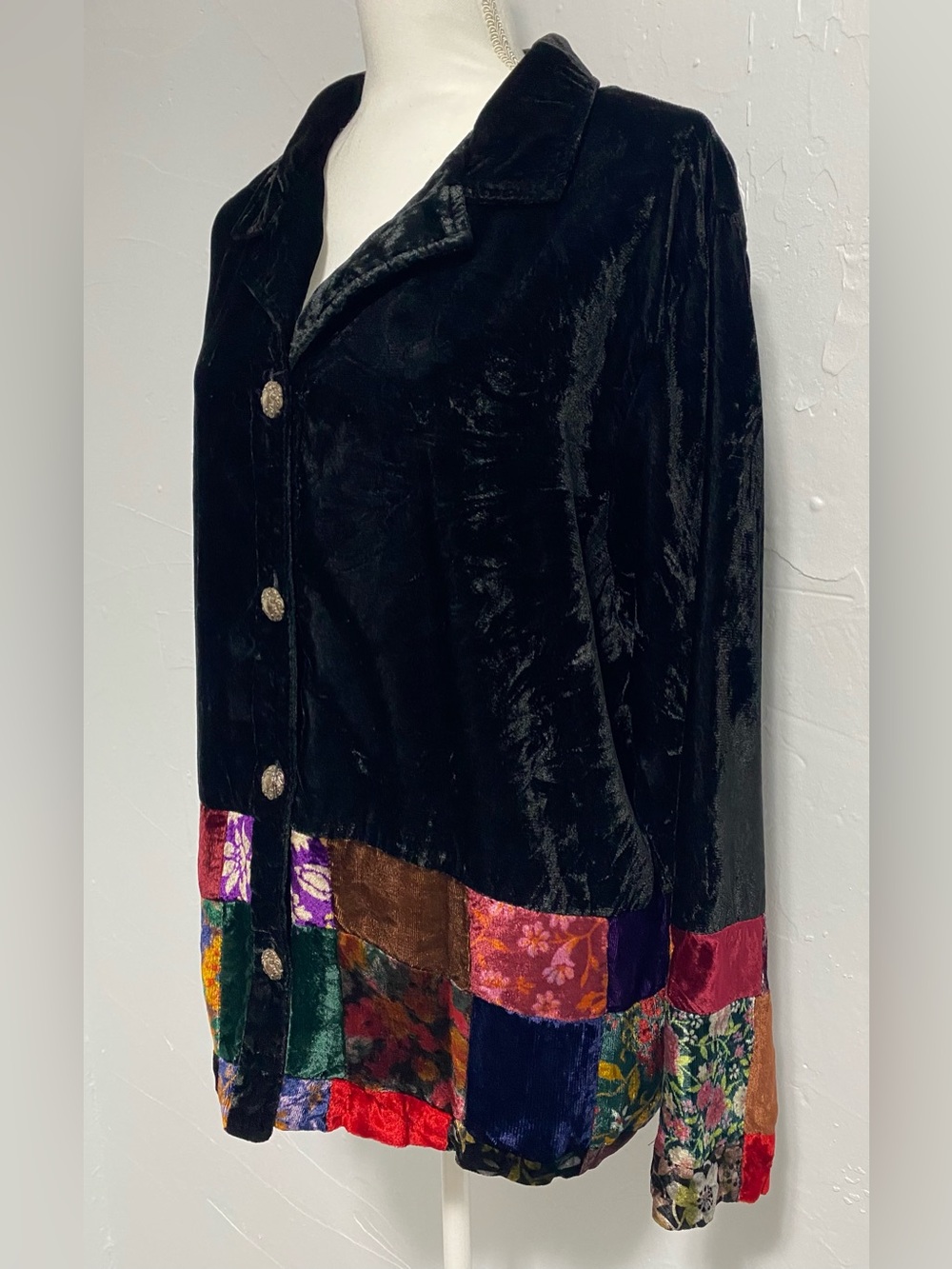 Vintage Coldwater Creek Black Velvet Patchwork Trim Button Jacket